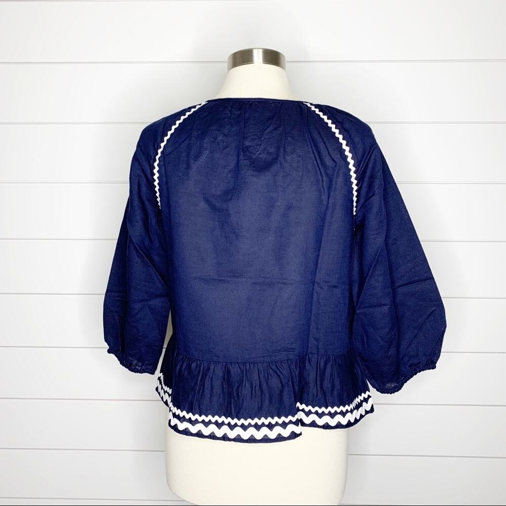 J.Crew Linen Ruffle Rickrack Trim Peasant Top Navy White XS - Picture 7 of 9